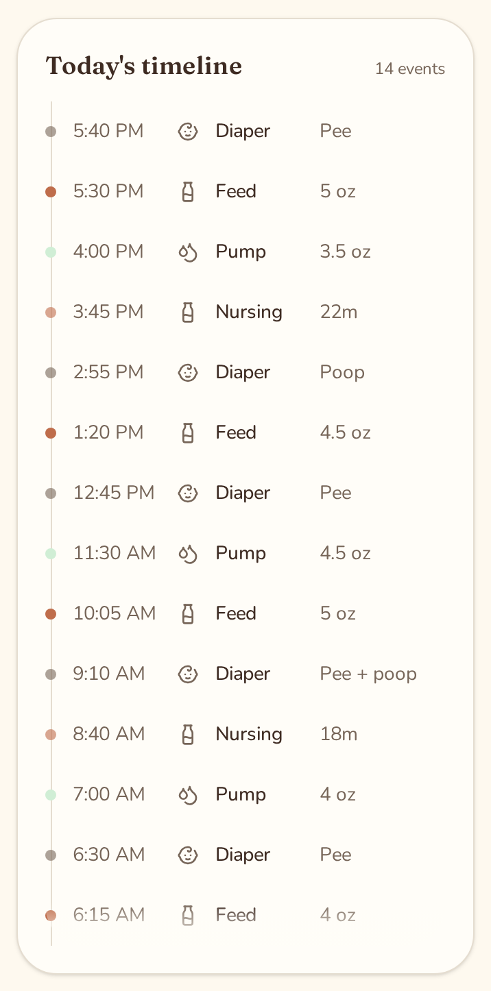 Nestli daily timeline for sample baby Allison listing feeds, pumping sessions and diaper changes by time