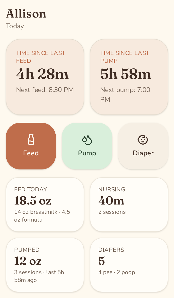 Nestli today screen for a sample baby named Allison showing time since last feed and pump, quick log buttons and daily totals
